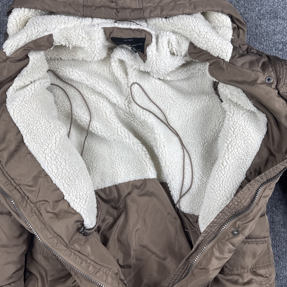 Lucky Brand Womens Quilted Puffer Jacket Brown Medium Sherpa Lined Hooded Zip Up - Picture 6 of 12